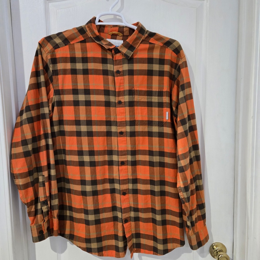 Columbia Flannel Shirt Mens XL Orange Plaid Long Sleeve Button Down
